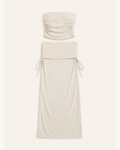 柔霧側抓皺平口兩件式長裙套裝